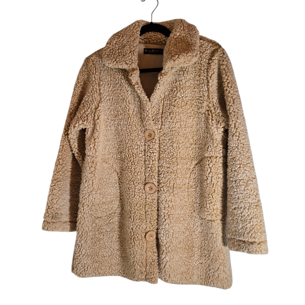 Knapp Studio Beige Fluffy Button Up Lined Jacket Size Small
